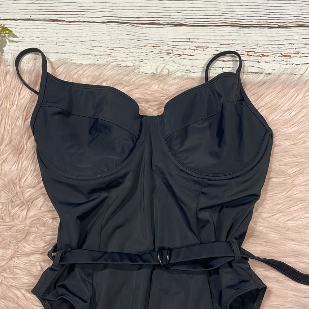 NWOT Perfect DD Black Shine Bustier Belted One Piece Swimsuit - Picture 4 of 9